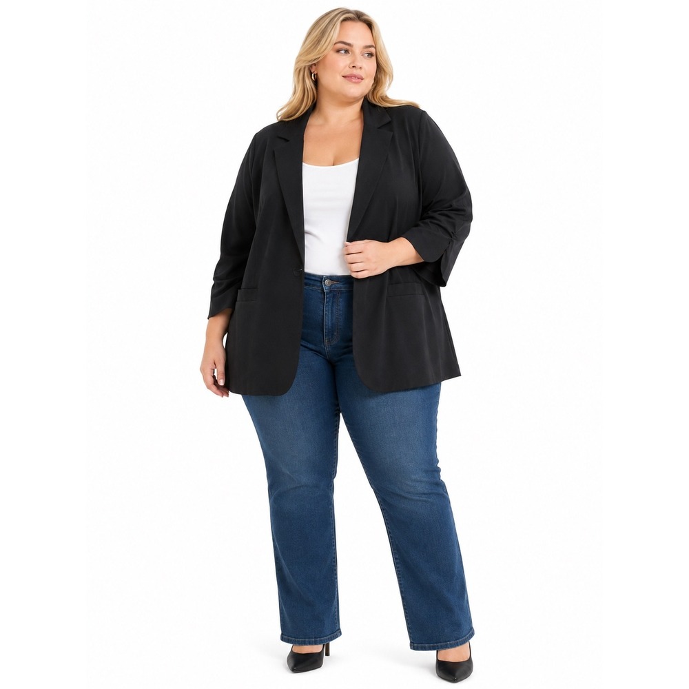 Black Ruched Sleeve Blazer Jacket Single Button Office Professional 2XL LC852389